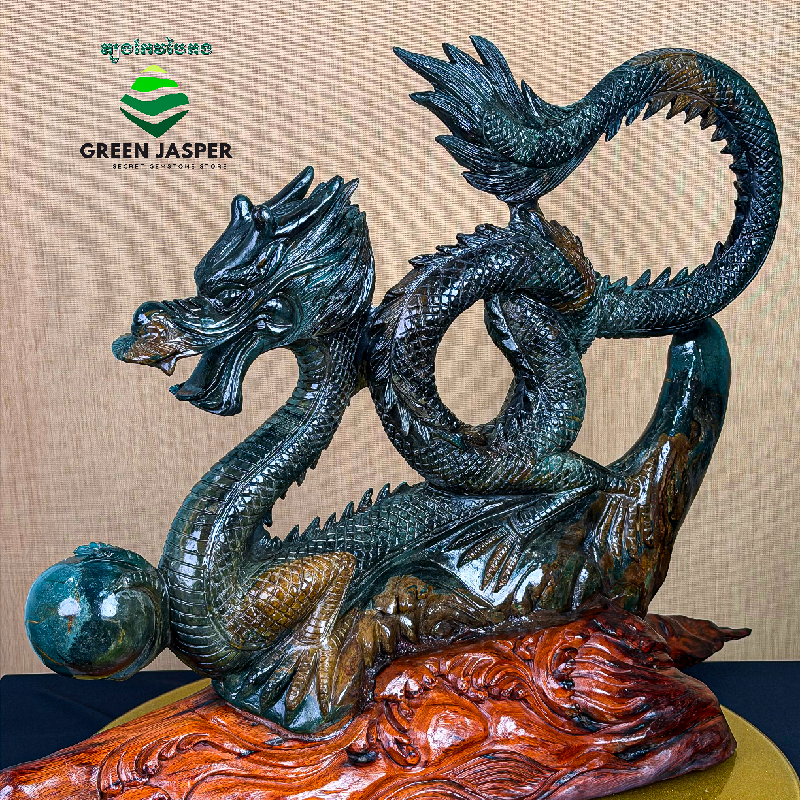 រូបចម្លាក់នាគរាជ ពីត្បូងកែវបៃតង| Green Jasper Cambodia | Fine Gemstone Dragon Carvings